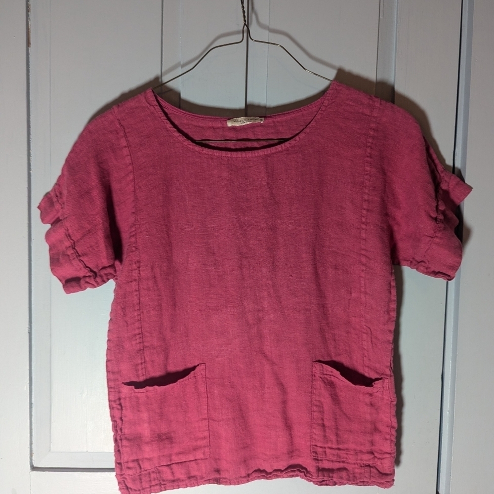 ♥️ Frances Bettini Linen Blouse Lagenlook size M natural fabric boho red Italy - Picture 9 of 9